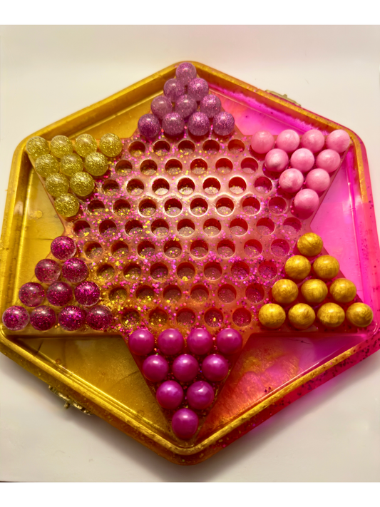 Handmade Resin Chinese Checkers Game Board | 84 Glitter Marbles & Case