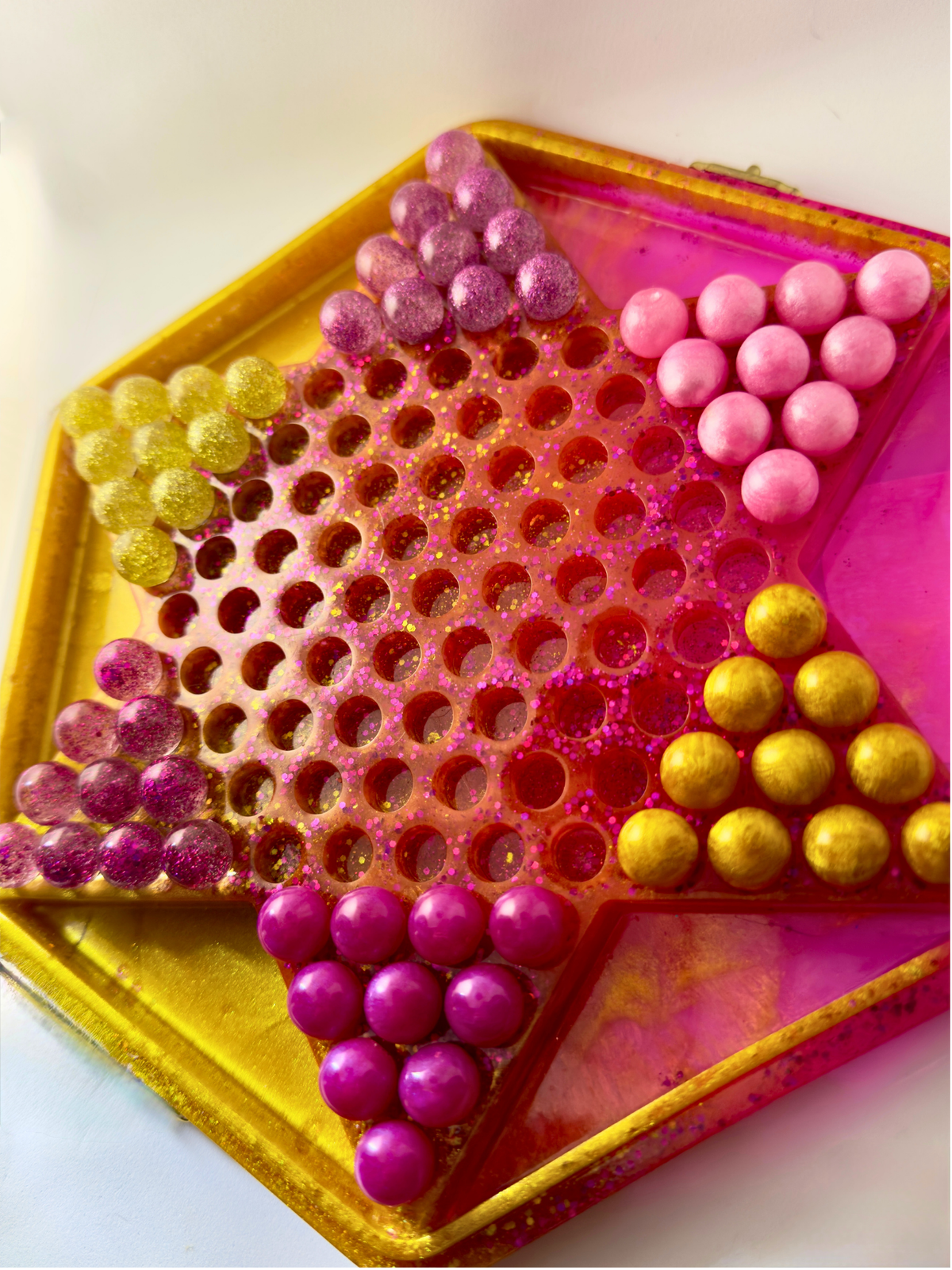 Handmade Resin Chinese Checkers Game Board | 84 Glitter Marbles & Case