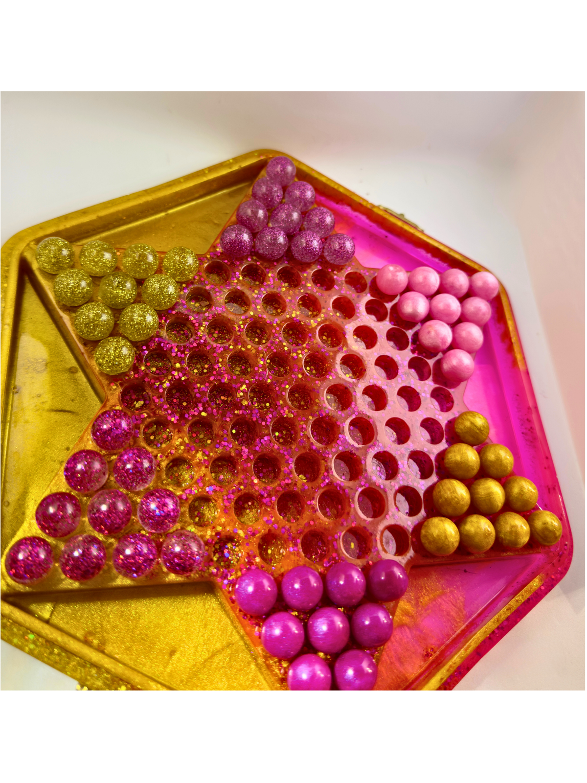 Handmade Resin Chinese Checkers Game Board | 84 Glitter Marbles & Case