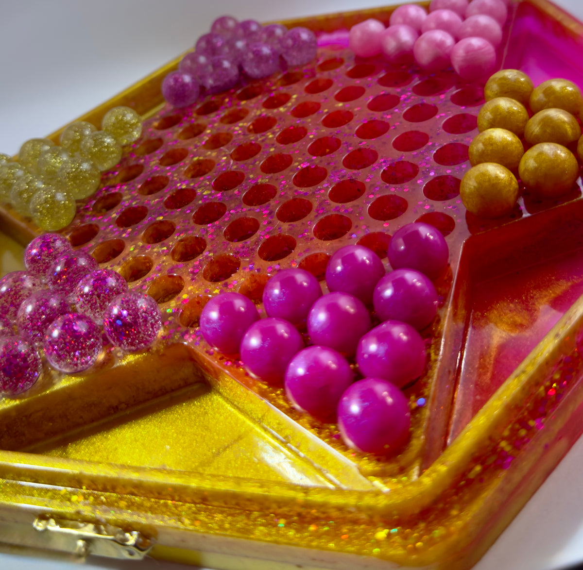 Handmade Resin Chinese Checkers Game Board | 84 Glitter Marbles & Case