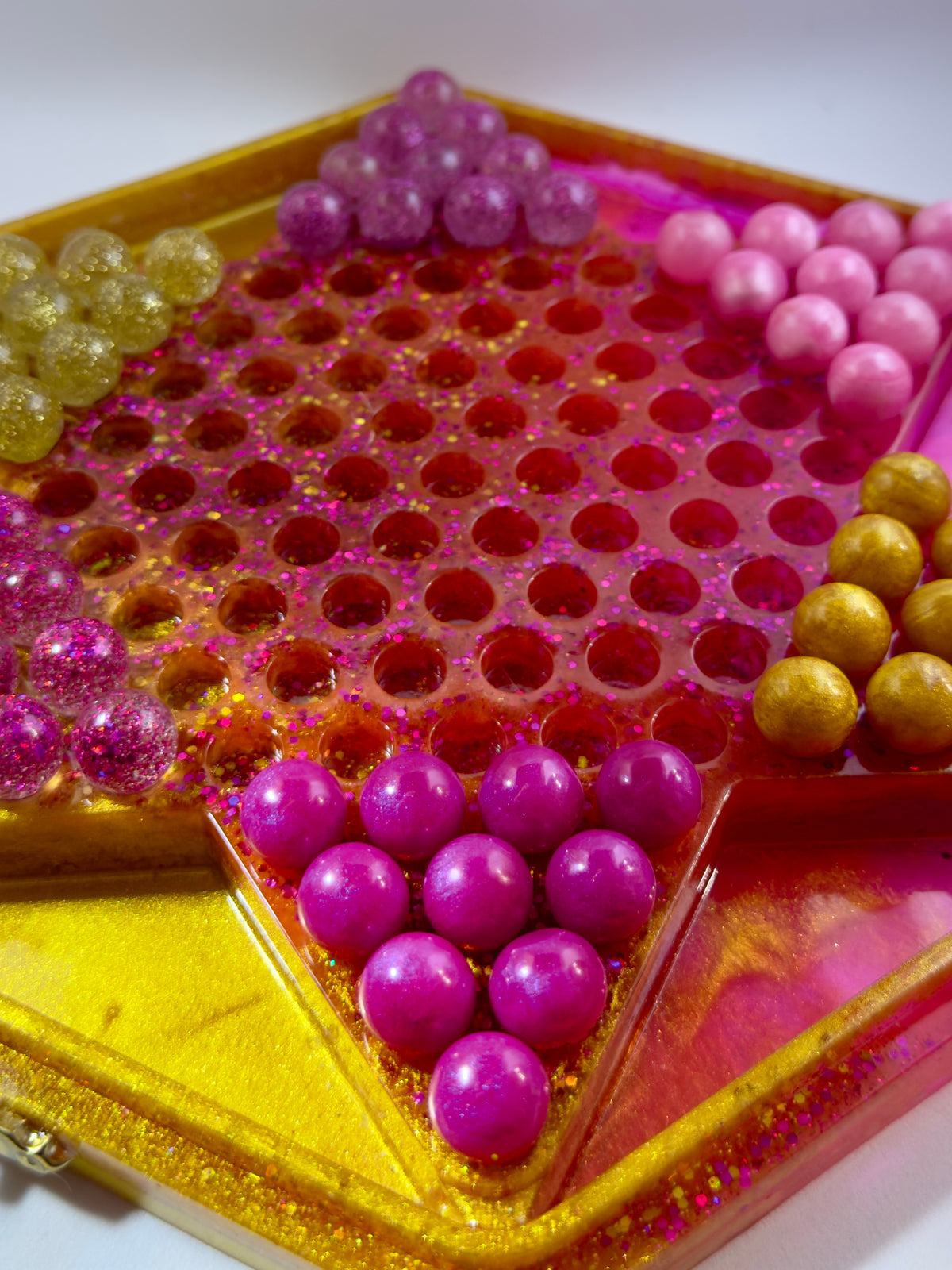Handmade Resin Chinese Checkers Game Board | 84 Glitter Marbles & Case