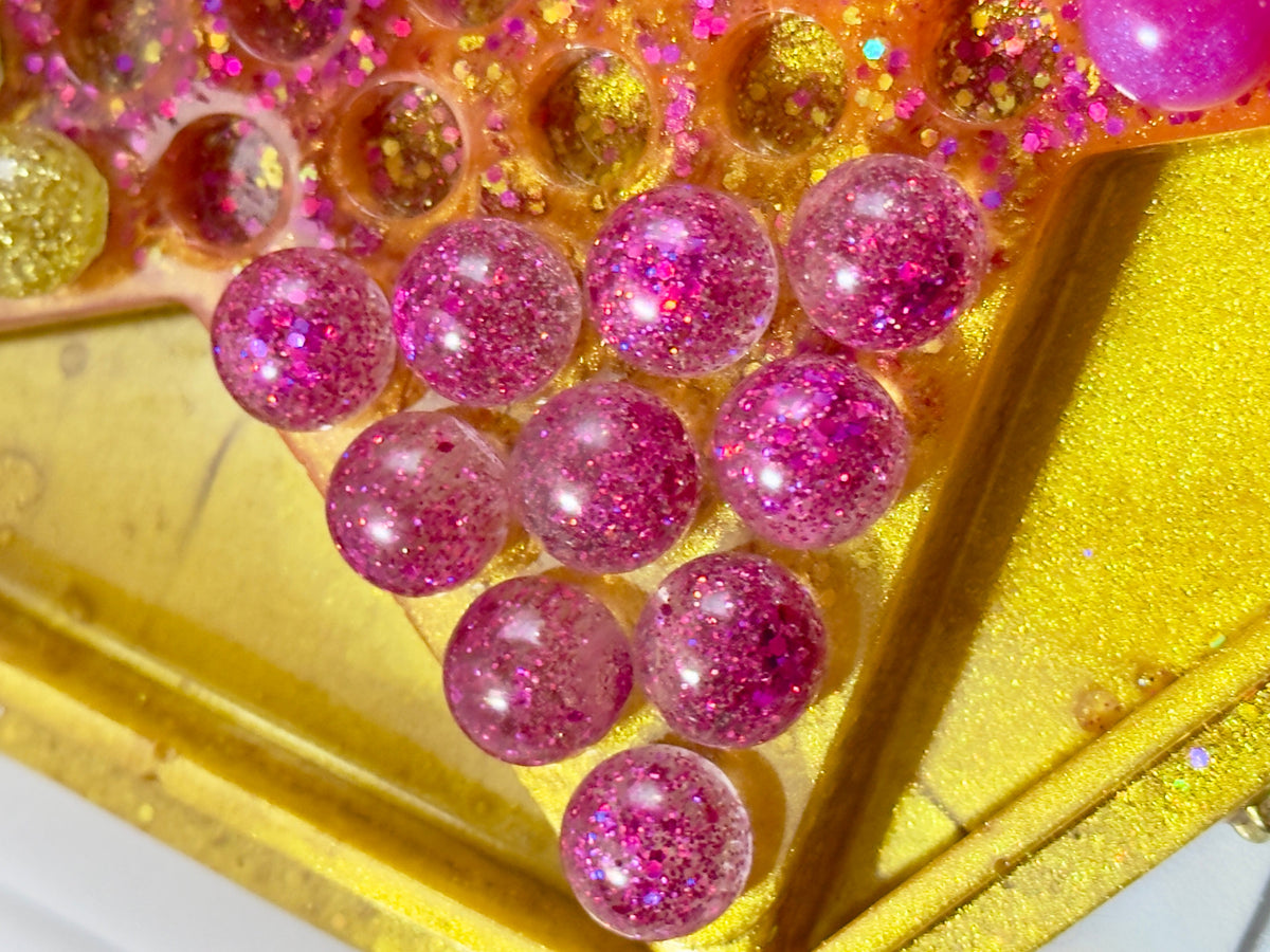 Handmade Resin Chinese Checkers Game Board | 84 Glitter Marbles & Case
