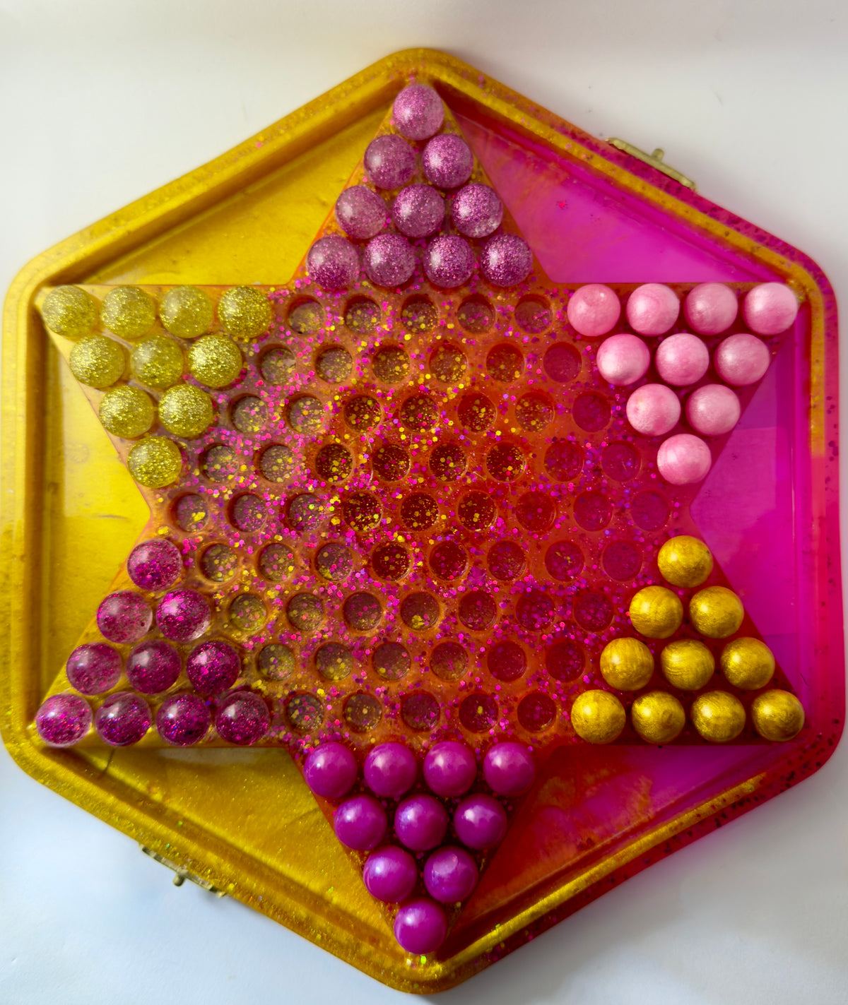 Handmade Resin Chinese Checkers Game Board | 84 Glitter Marbles & Case