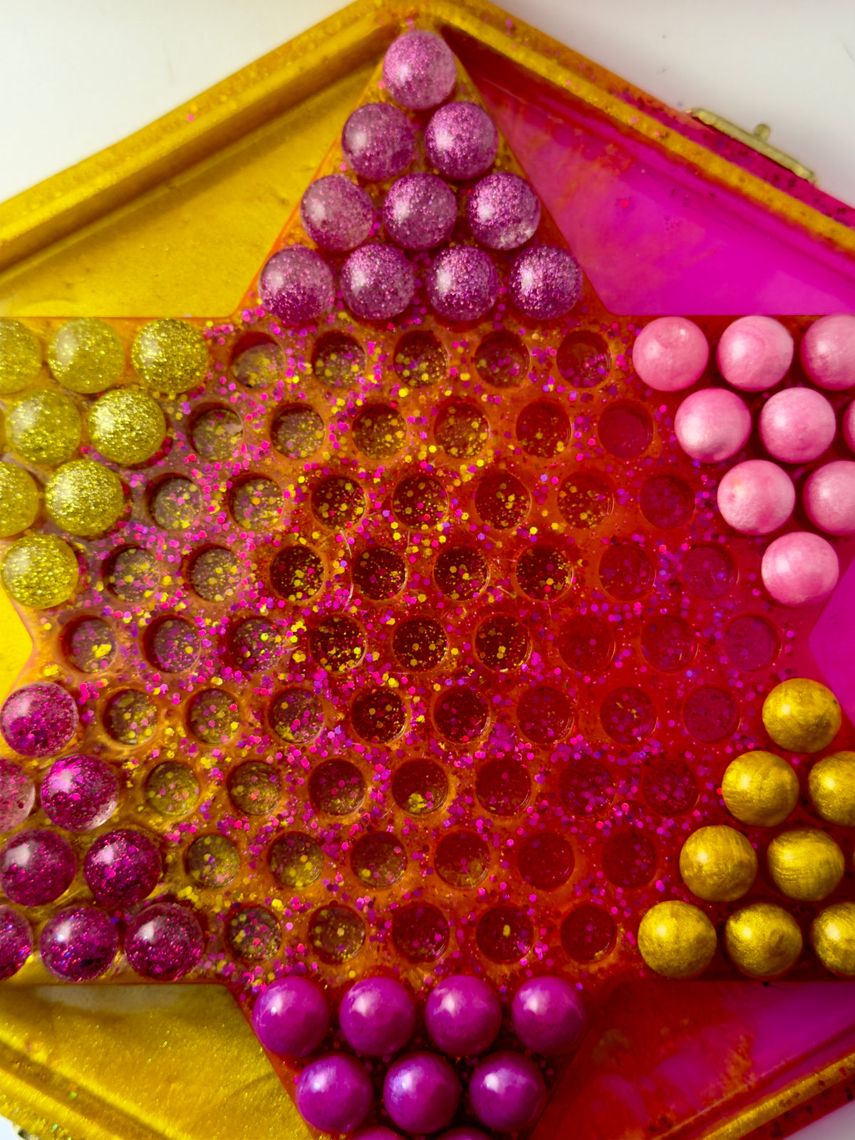 Handmade Resin Chinese Checkers Game Board | 84 Glitter Marbles & Case