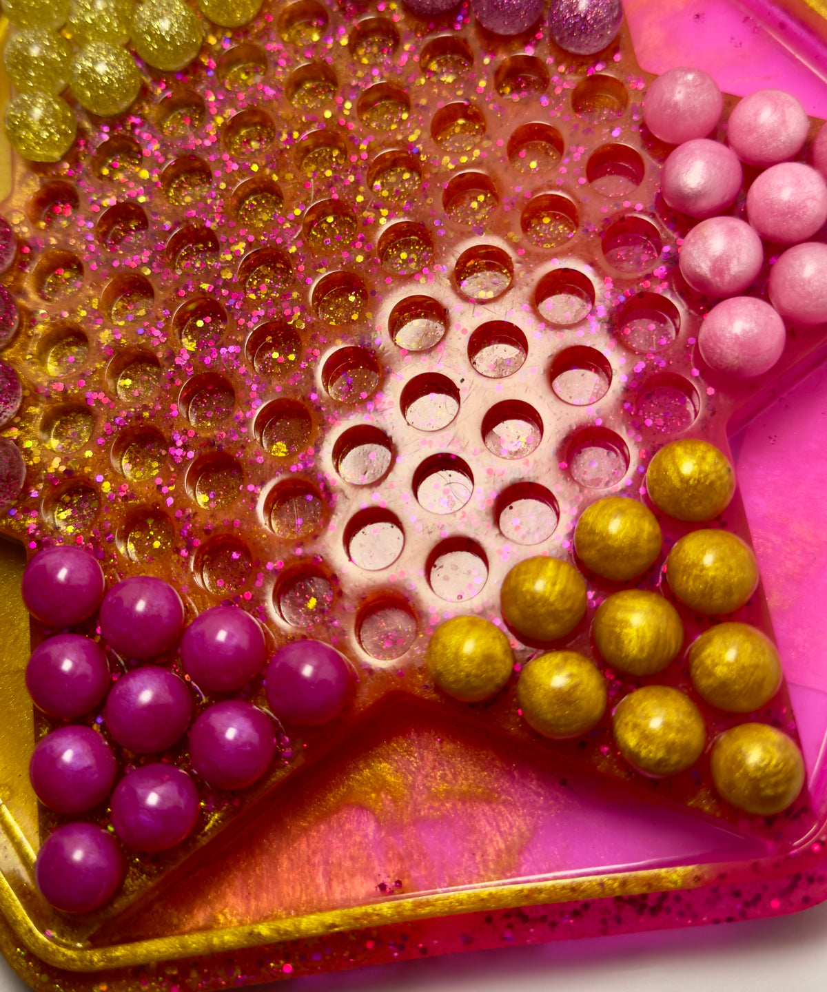 Handmade Resin Chinese Checkers Game Board | 84 Glitter Marbles & Case